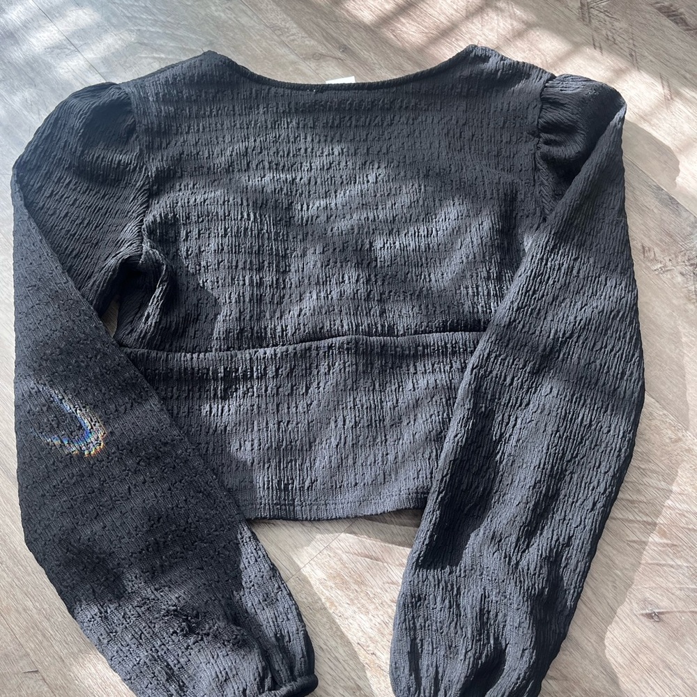 Black Smocked Mock Neck Puff Sleeve Top
